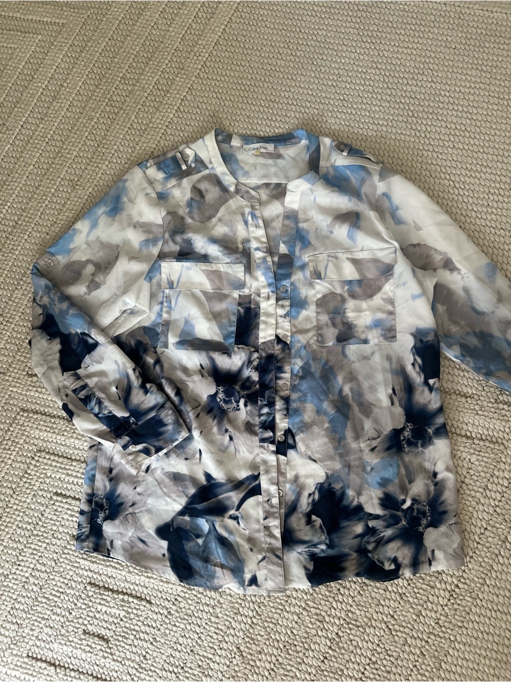 Calvin Klein White Blue Gray Watercolor Floral Shirt